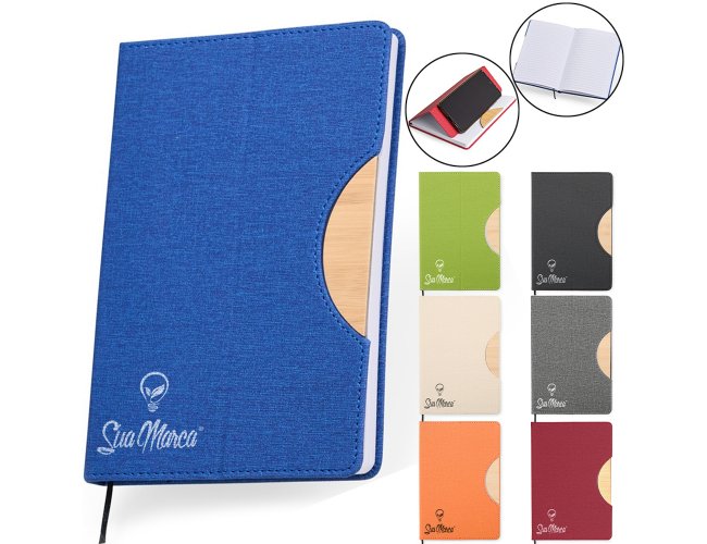 Caderneta Personalizada Ecológica Estilo Moleskine De rPET Com Suporte De Celular Folhas Pautadas