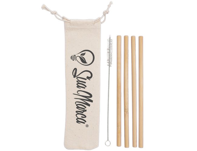 Kit De Canudos Personalizado De Bambu Com Escova De Limpeza E Estojo De Algodão Reciclado