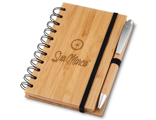 Caderno Ecológico Personalizado Com Caneta E Capa De Bambu 15x11cm