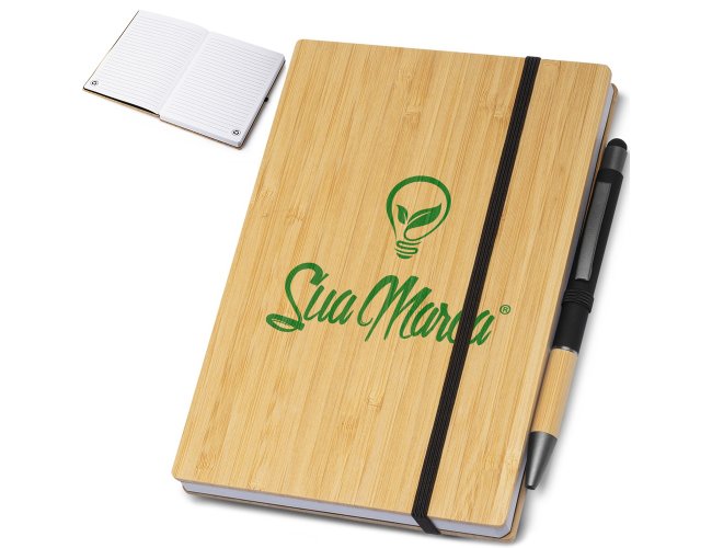 Caderneta Ecológica Personalizada Com Capa Em Bambu E Suporte Para Canetas