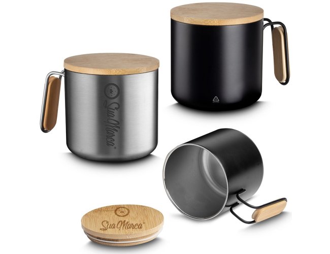 Caneca Térmica Personalizada De Aço Inox Com Parede Dupla E Tampa De Bambu 330ml