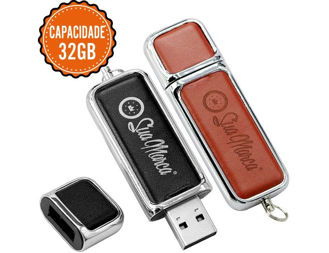 Pen Drive Personalizado De Couro Sintético E Metal Com Tampa Protetora E Capacidade De 32GB