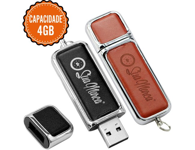 Pen Drive Personalizado De Couro Sintético E Metal Com Tampa Protetora E Capacidade De 4GB