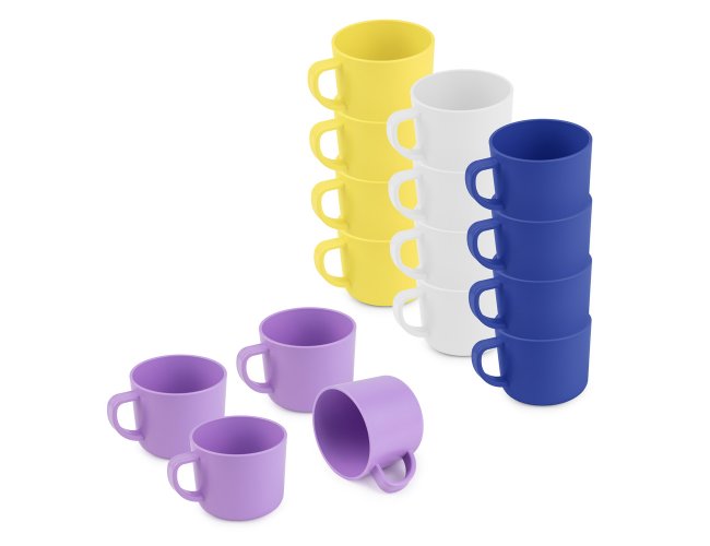 Conjunto com 4 xícaras de plástico RPET Personalizada, com capacidade de até 200ml.