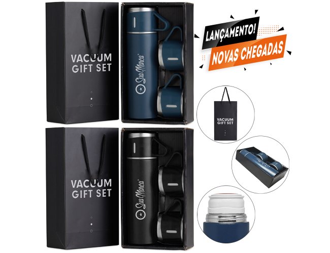Kit Garrafa Térmica Personalizada De Aço Inox Com 2 Tampas "Xícaras" Extras E Sacola Para Presente De 500ml