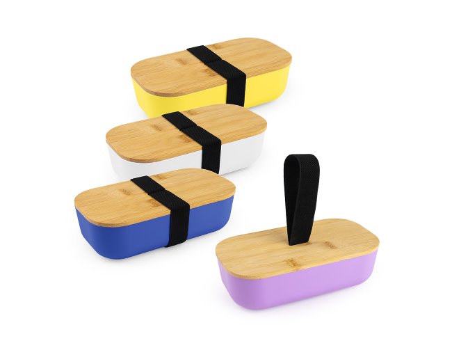Lancheira plástica em RPETPersonalizada, com tampa de bambu e vedação em silicone.