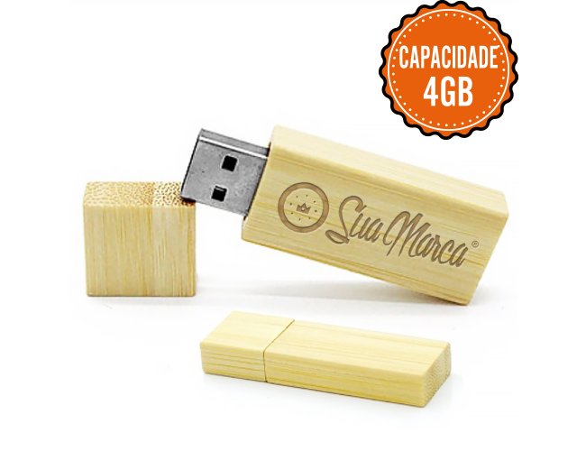 Pen Drive Ecológico Retangular Personalizado De Bambu Com Tampa Fixada Por Imã E Capacidade De 4GB