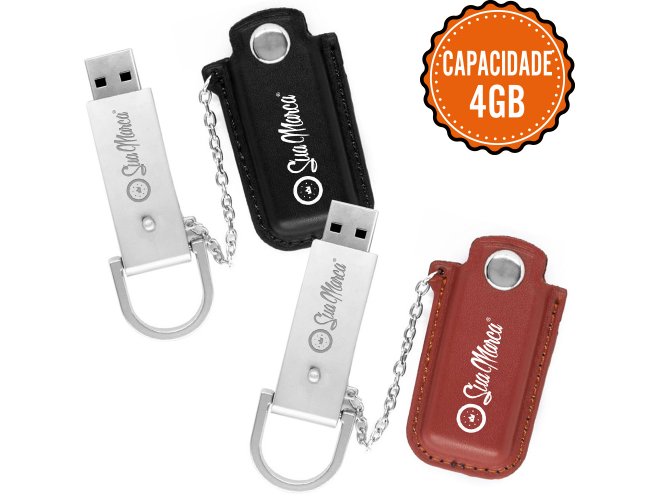 Pen Drives Personalizado De Metal Com Capinha Protetora De Couro Sintético, Correntinha E Capacidade De 4GB