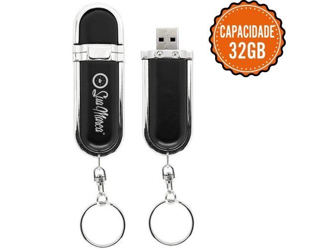 Pen Drive Personalizado De Couro Sintético E Metal Com Tampa Protetora, Argola De Chaveiro E Capacidade De 32GB