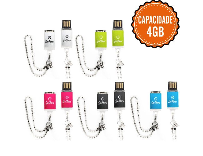 Mini Pen Drive Personalizado Retrátil De Plástico E Alumínio Com Correntinha E Capacidade De 4GB