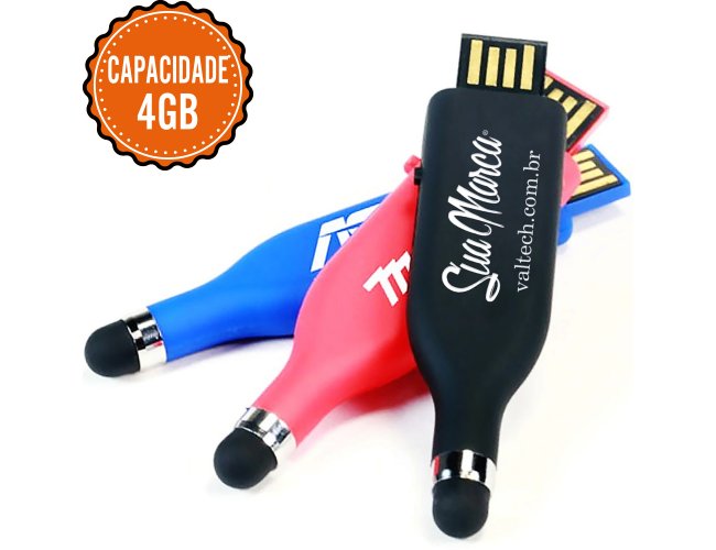 Pen Drive Personalizado De Plástico Retrátil Com Ponteira Touch De Borracha E Capacidade De 4GB