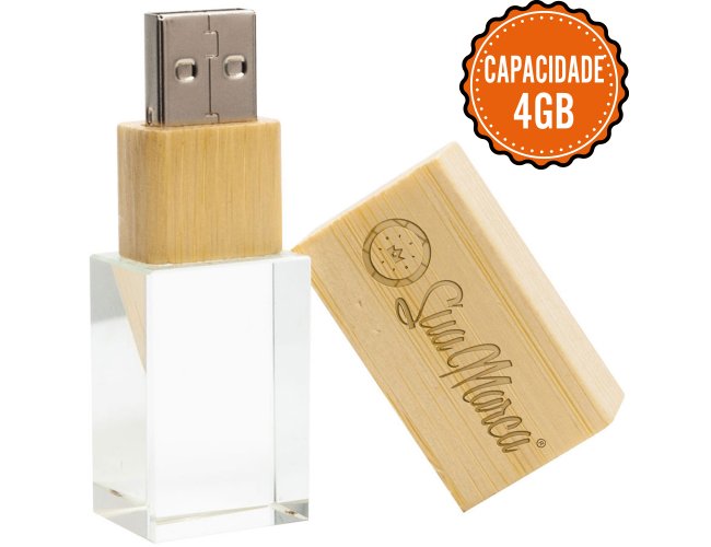 Pen Drive Ecológico Personalizado Cristal Com Tampa De Bambu E Capacidade De 4GB