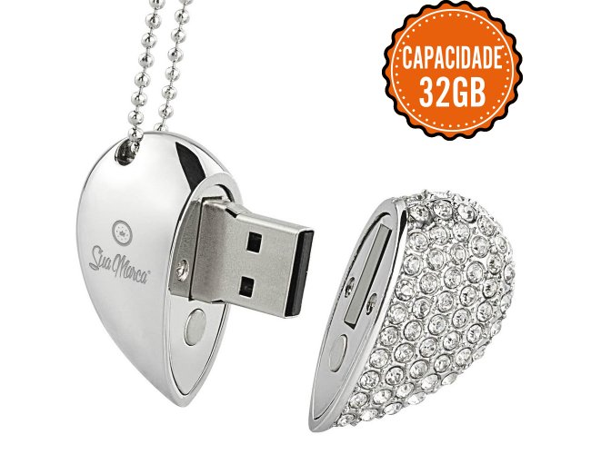 Pen Drive Personalizado De Metal Com Formato De Coração, Pedras Strass E Capacidade De 32GB