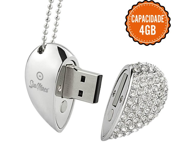 Pen Drive Personalizado De Metal Com Formato De Coração, Pedras Strass E Capacidade De 4GB