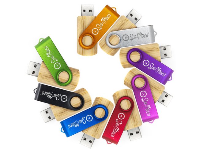 Pen Drive Giratrio Ecolgico Personalizado De Bambu E Metal COLORIDO