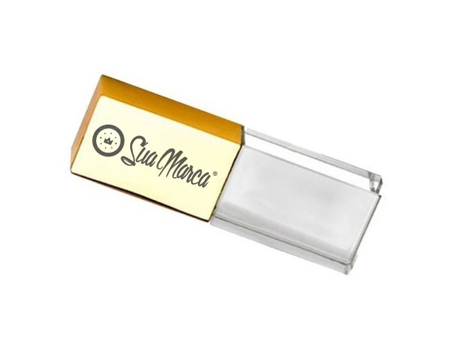 Pen Drive Personalizado Cristal Com Tampa Dourada De Metal