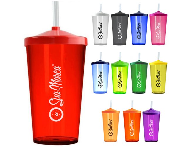 Copo Personalizado De PS Cristal Liso Com Tampa E Canudo Capacidade De 550ml